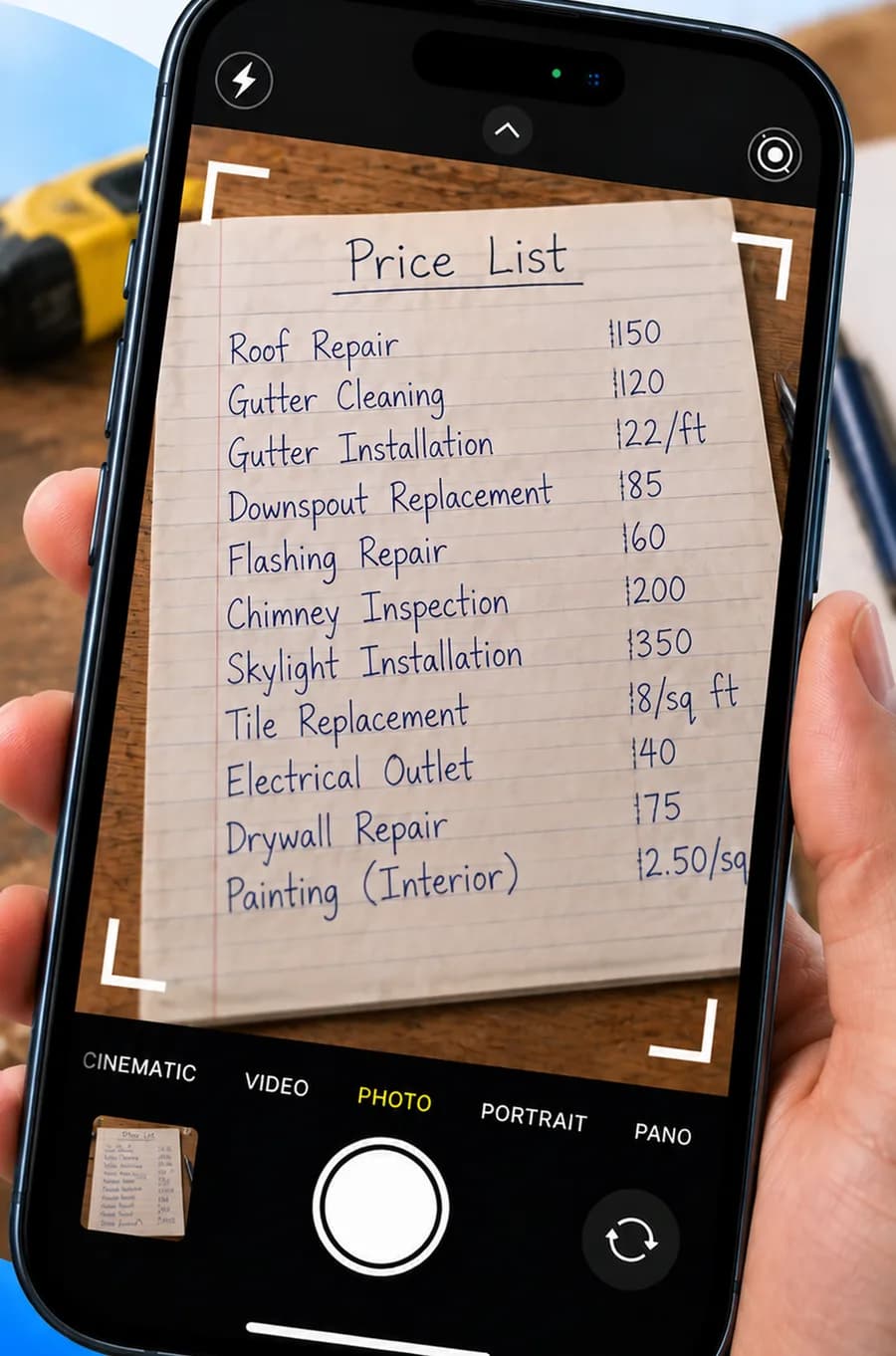 An iPhone camera pointed at a handwritten price list of roofing and repair services