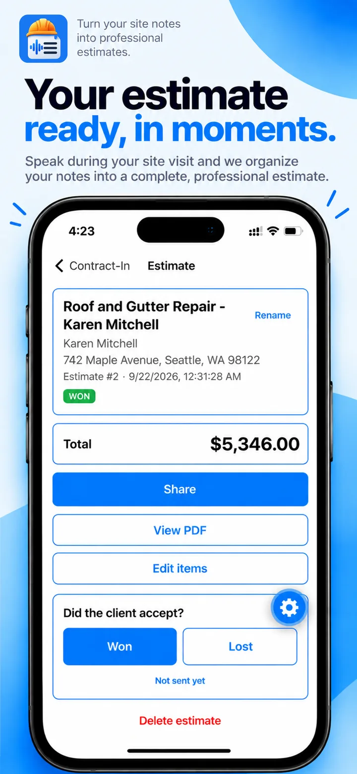 A finished estimate: Roof and Gutter Repair for Karen Mitchell, total $5,346.00, marked Won