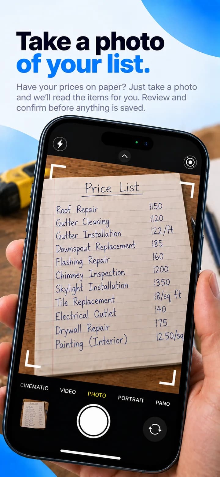Photographing a handwritten price list to import it