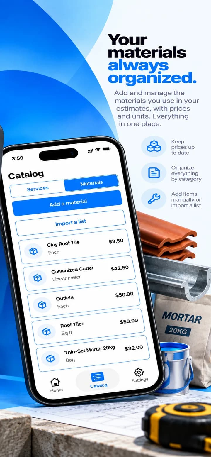 The Catalog's Materials tab, listing clay tile, gutter, outlets and mortar with prices