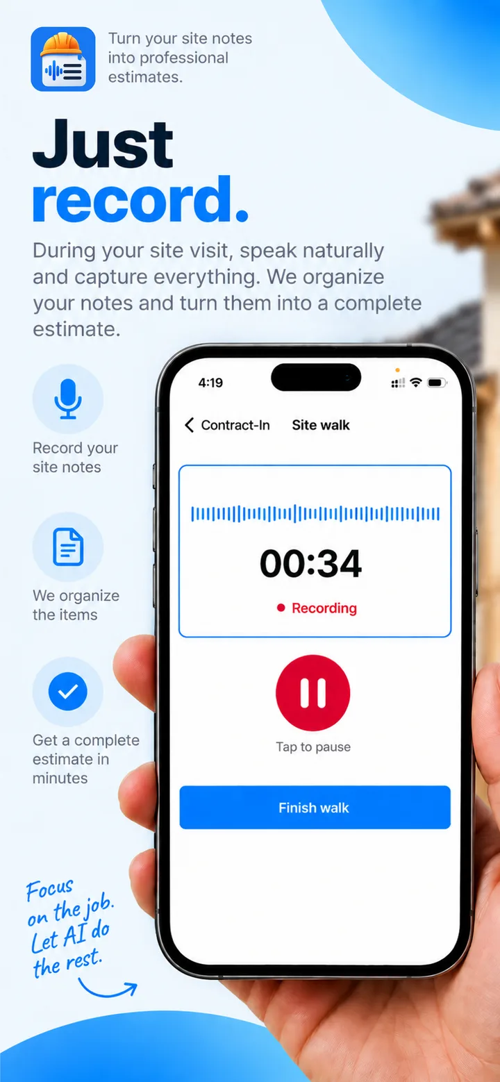Recording a site walk in ContractIn, with a live waveform and timer