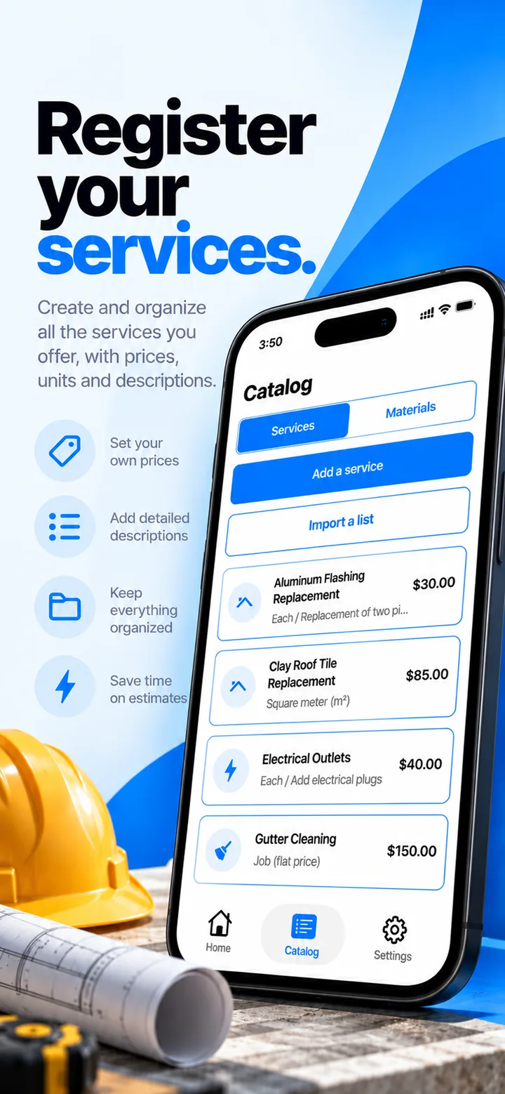 The Catalog's Services tab, listing services with units and prices